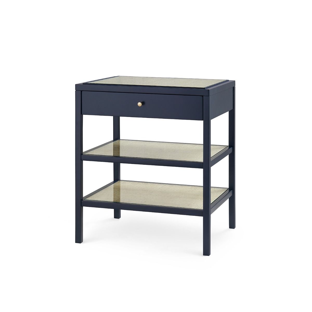 dark blue side table with drawer and two shelves