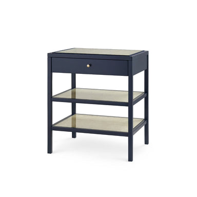 dark blue side table with drawer and two shelves