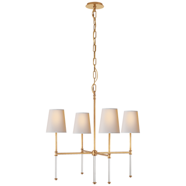 brass four-arm  chandelier with shades