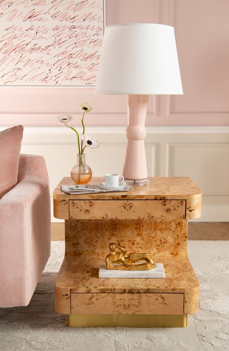 living room view of side table with ceramic lamp