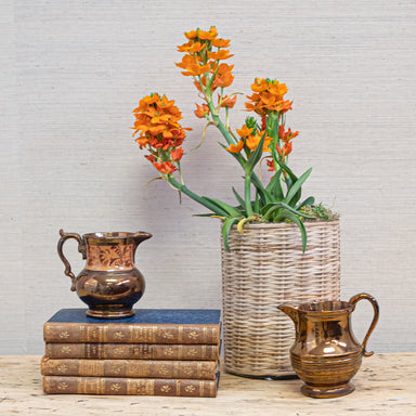 lusterware pitchers with stack of antique books
