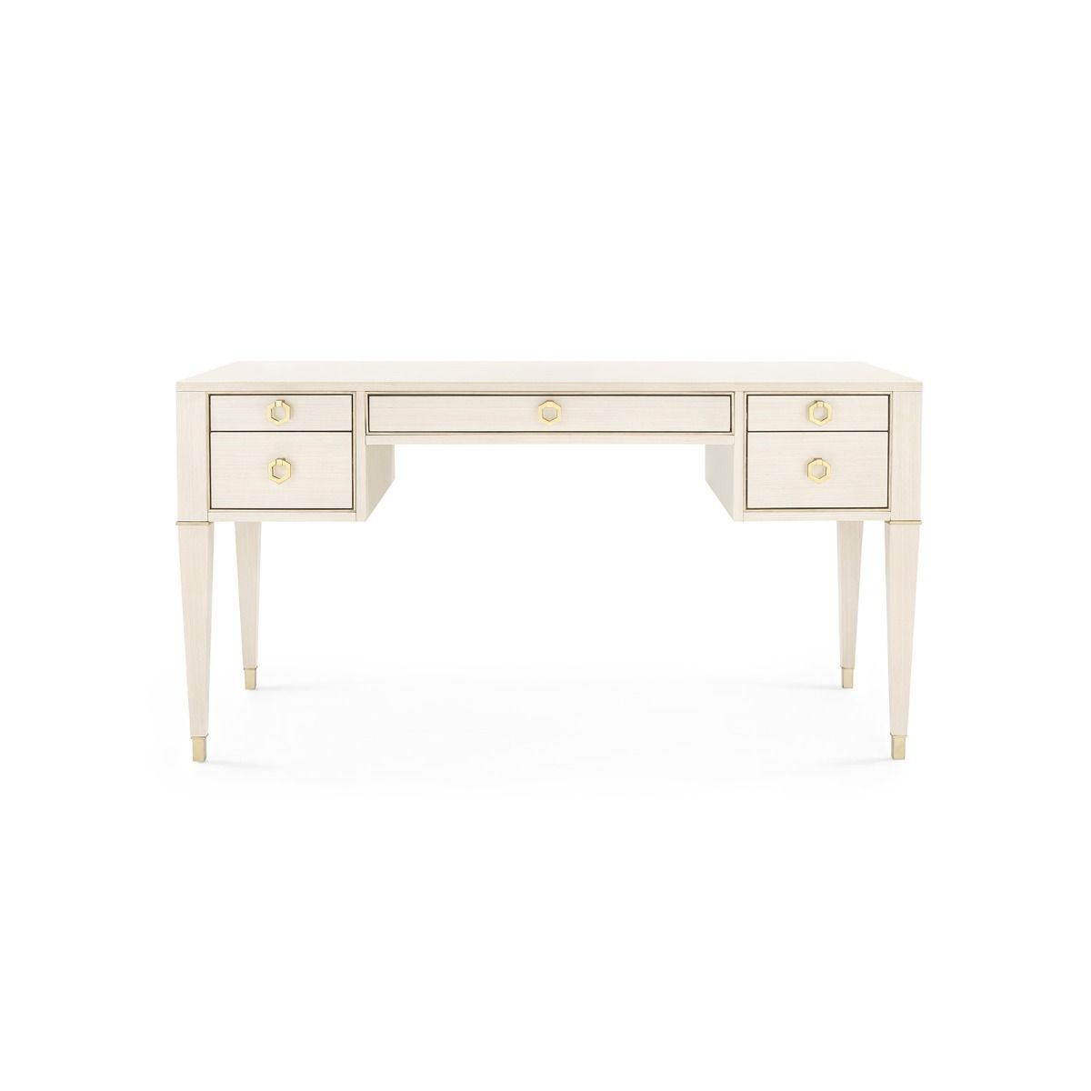 blanched oak desk with brass accents, five drawers