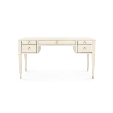 blanched oak desk with brass accents, five drawers