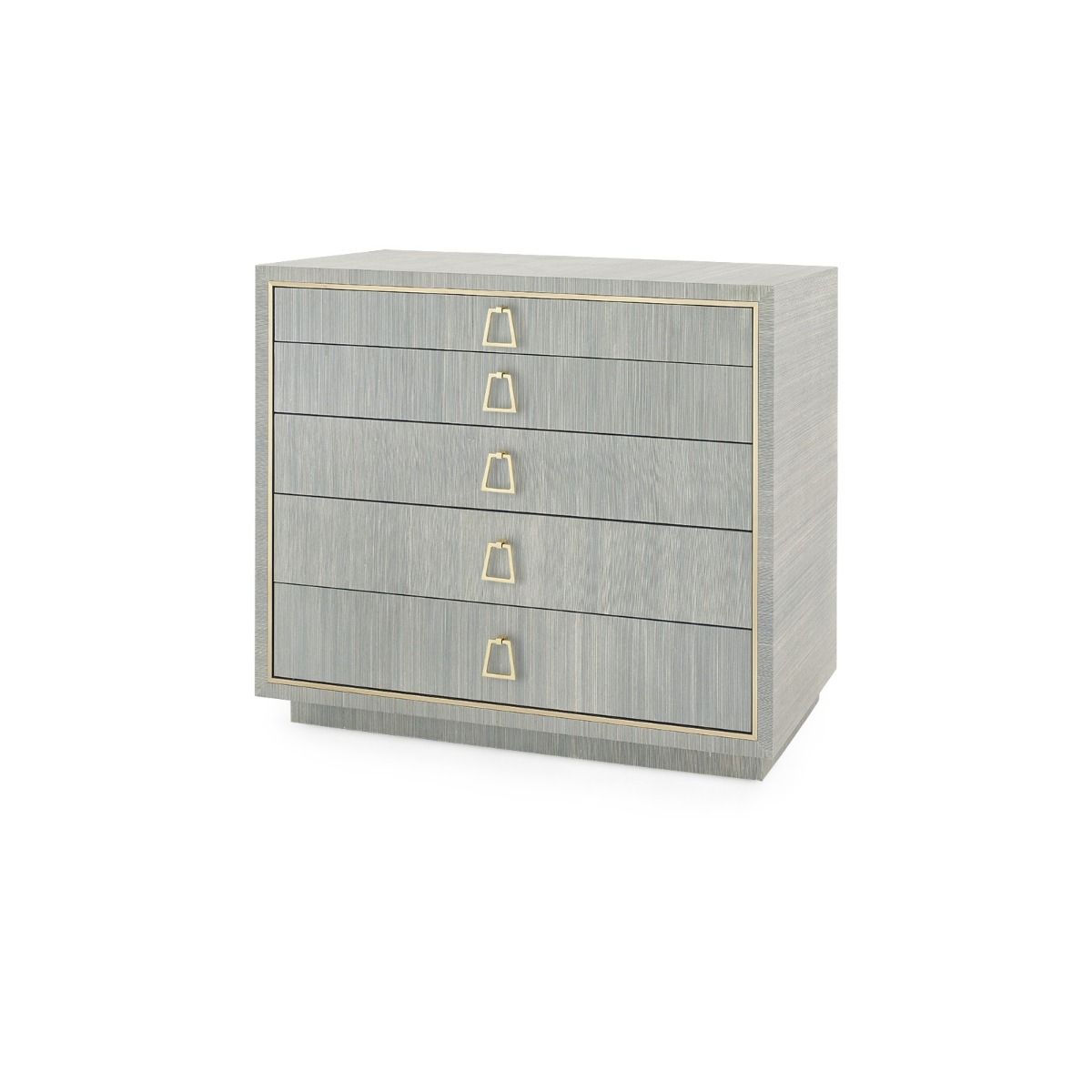 five-drawer blue chest in blue grasscloth with brass pulls