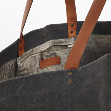 dark grey Belgian linen shoulder bag with leather straps
