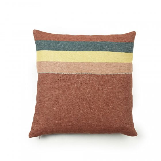 Belgian linen square pillow with a russet background and pale rose, chartreuse and teal stripes