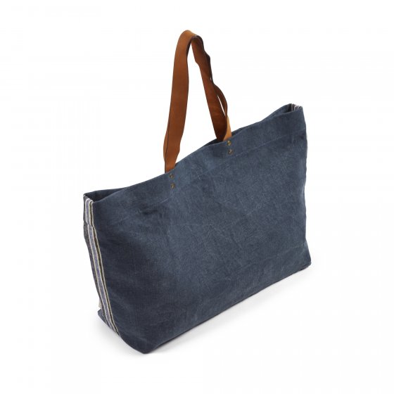 dark blue Belgian linen shoulder bag with leather straps and stripe trim detail