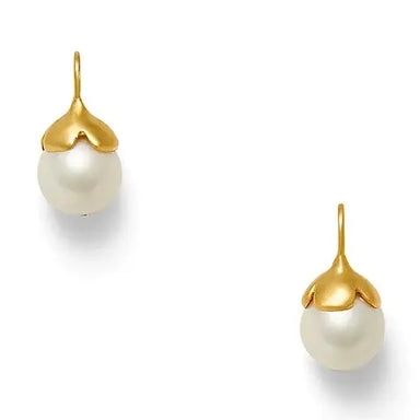Pair of pearl earrings with gold hooks on a white background