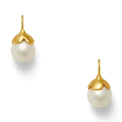 Pair of pearl earrings with gold hooks on a white background