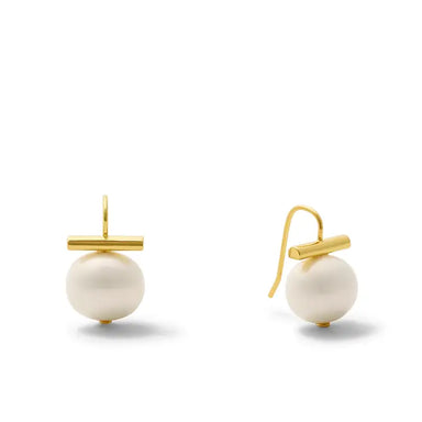 A pair of gold and white pearl earrings on a clean white background. Each earring features a round white pearl suspended below a polished gold bar, with one earring shown from the front and the other from the side to display the hook.