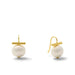 A pair of gold and white pearl earrings on a clean white background. Each earring features a round white pearl suspended below a polished gold bar, with one earring shown from the front and the other from the side to display the hook.