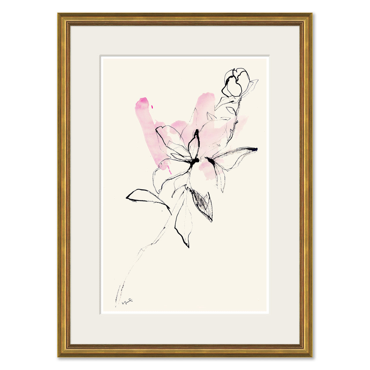 Framed floral wall art featuring a minimalist black ink sketch of flowers with soft pink watercolor washes on an off-white background, enclosed in a white mat and a gold frame.