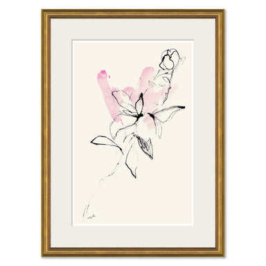 Framed floral wall art featuring a minimalist black ink sketch of flowers with soft pink watercolor washes on an off-white background, enclosed in a white mat and a gold frame.