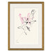 Framed floral wall art featuring a minimalist black ink sketch of flowers with soft pink watercolor washes on an off-white background, enclosed in a white mat and a gold frame.