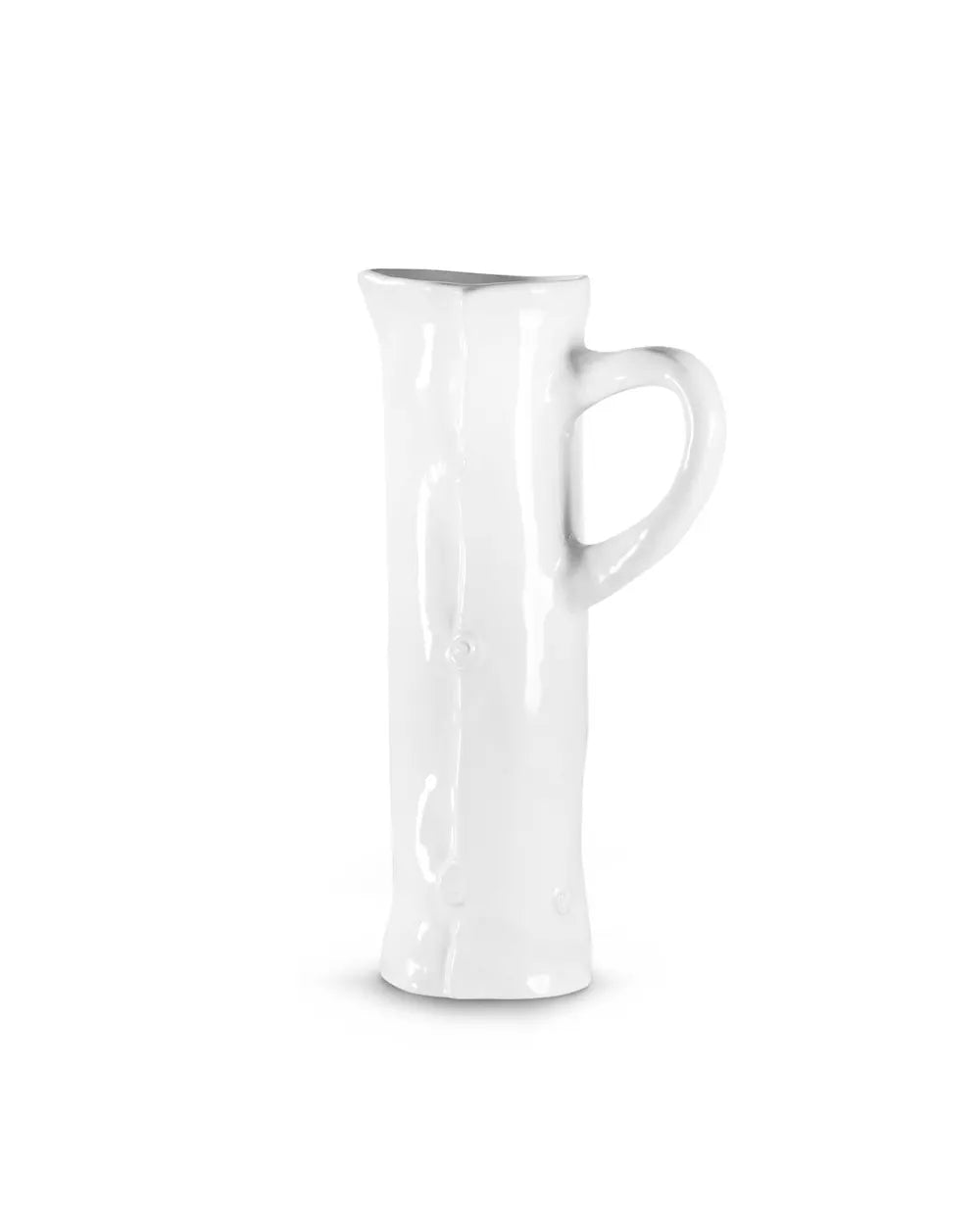 A tall, slender white ceramic pitcher with a textured, organic shape and a curved handle, shown on a plain white background.
