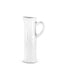 A tall, slender white ceramic pitcher with a textured, organic shape and a curved handle, shown on a plain white background.