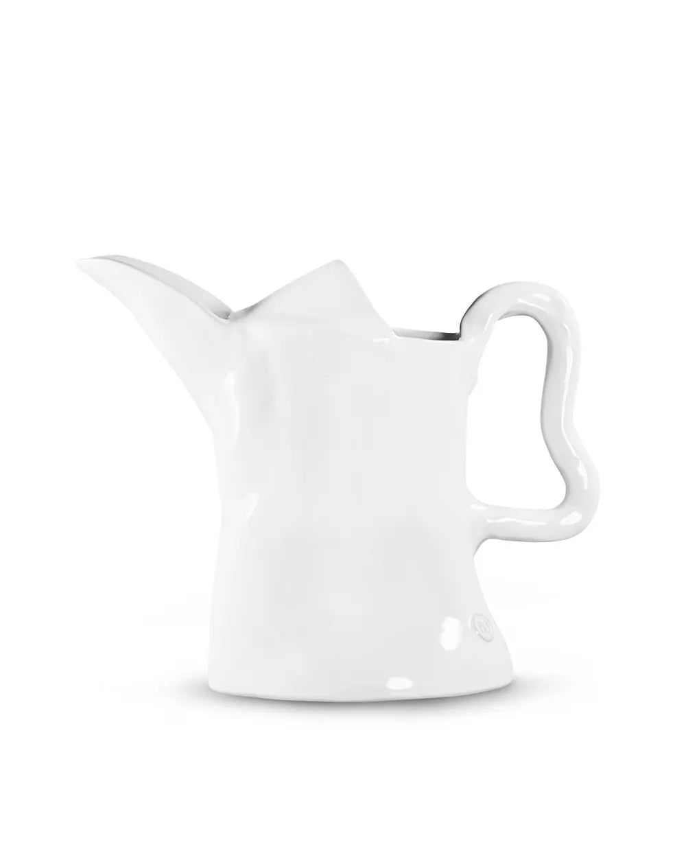 A glossy white ceramic pitcher with a unique sculptural, organic shape, a curved handle, and a pouring spout, shown on a seamless white background.