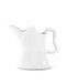 A glossy white ceramic pitcher with a unique sculptural, organic shape, a curved handle, and a pouring spout, shown on a seamless white background.