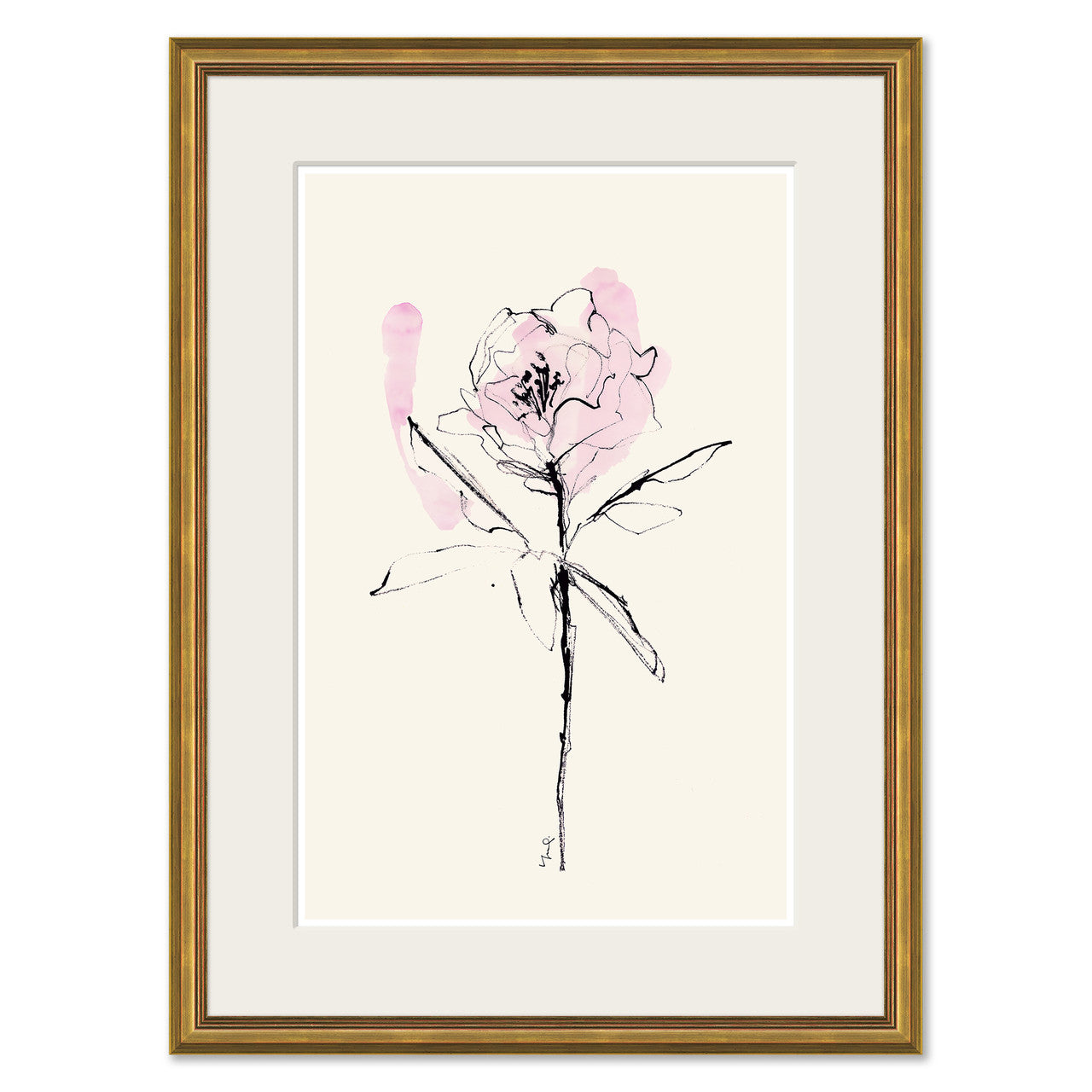 Framed wall art featuring a minimalist black ink sketch of a single flower with soft pink watercolor washes on an off-white background, enclosed in a white mat and a gold frame.