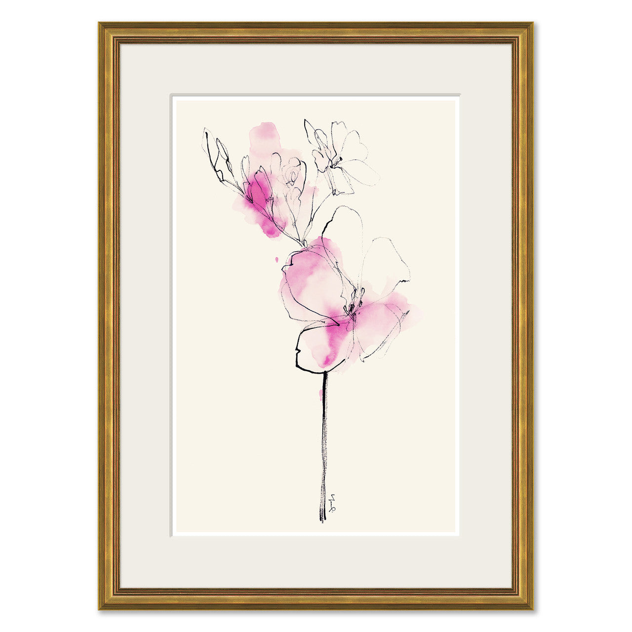 Framed watercolor floral art print featuring pink blossoms with black sketch lines on an off-white background, surrounded by a wide white mat and a gold frame.