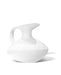 A glossy white ceramic pitcher with a rounded body, curved handle, and short spout, photographed on a clean white background with a soft shadow.