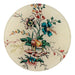 Round ceramic plate with floral and fruit design on a white background