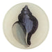 Round glass plate with a black and gray shell design on a white background