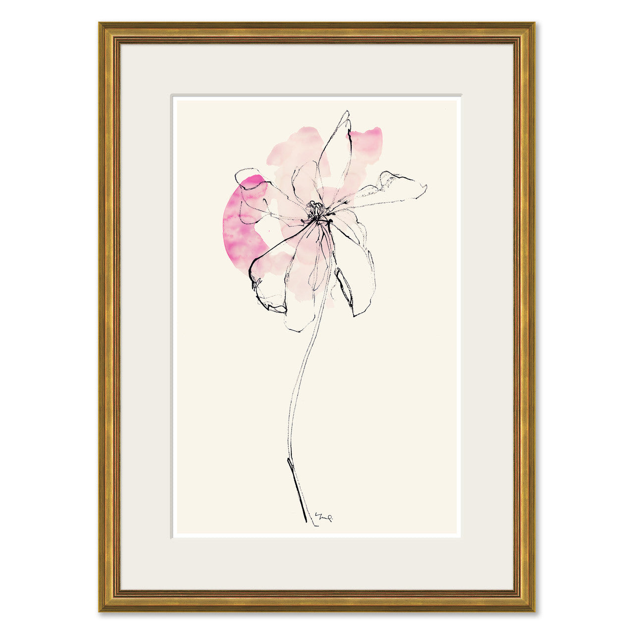 A framed watercolor art print featuring a single pink flower with delicate black sketch lines on a warm cream background, surrounded by a wide white mat and a gold-toned frame.