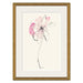 A framed watercolor art print featuring a single pink flower with delicate black sketch lines on a warm cream background, surrounded by a wide white mat and a gold-toned frame.