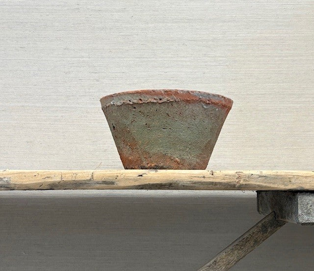 terra cotta pot on a wooden table against a textured wall.