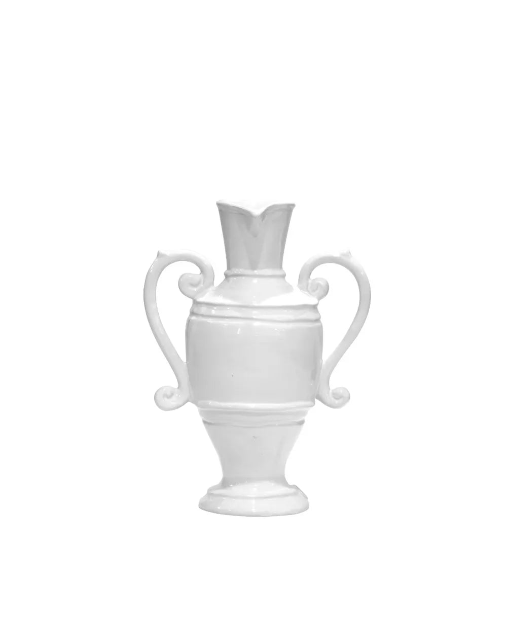 White handled vase with textured band on a white background