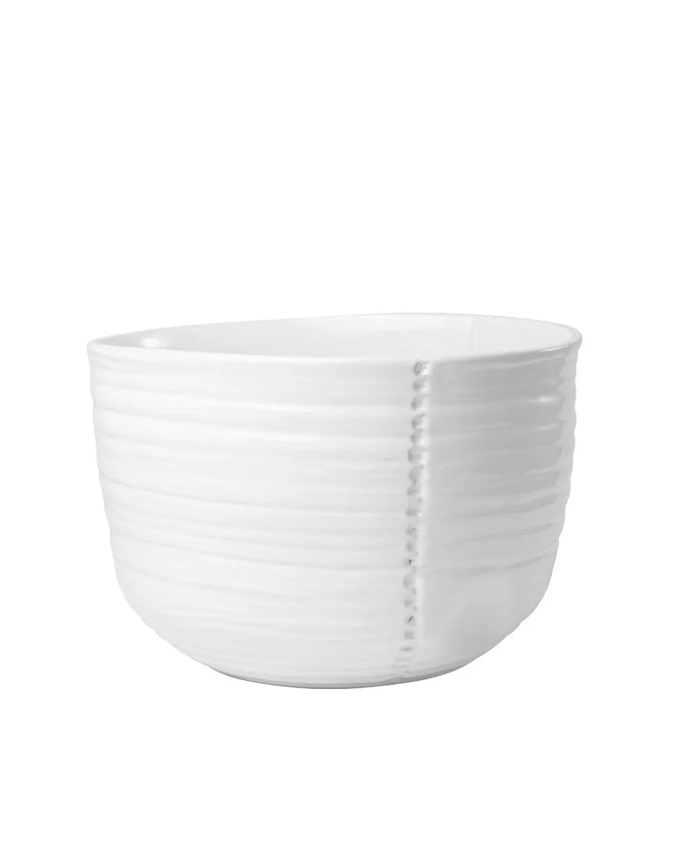 A white ceramic bowl with a ribbed exterior and a vertical slit detail on the front, shown against a plain white background.