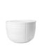 A white ceramic bowl with a ribbed exterior and a vertical slit detail on the front, shown against a plain white background.