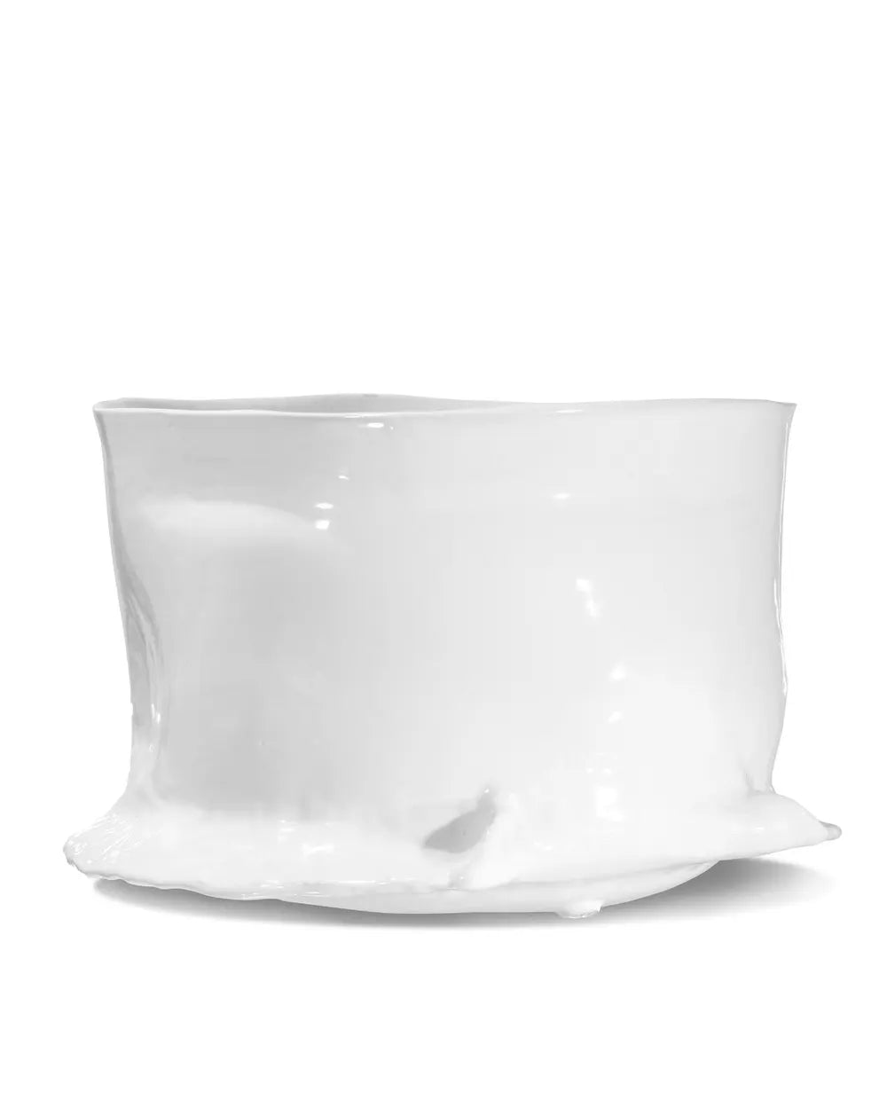 A glossy white ceramic planter with a wide, flared rim and a small saucer base, shown on a clean white background.