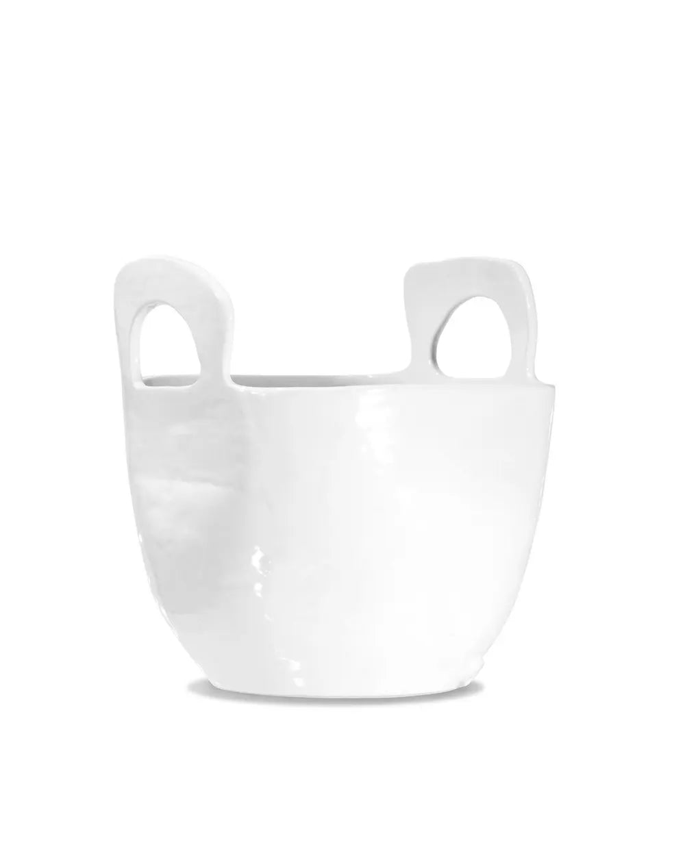 White ceramic bowl with handles on a white background