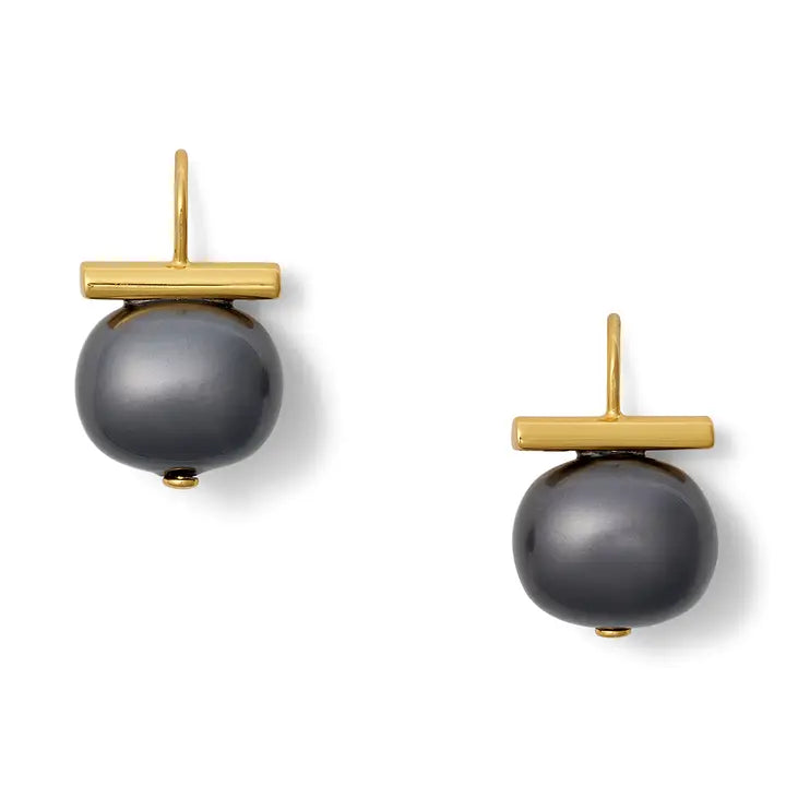 Pair of earrings with gold and gray components on a white background