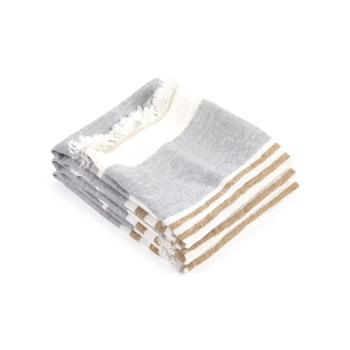 Stack of folded towels with gray, white, and beige stripes on a white background