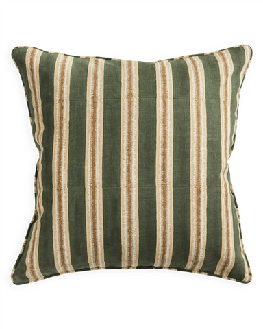 A square throw pillow featuring vertical stripes in olive green, tan, and cream, set against a plain white background.
