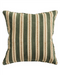 A square throw pillow featuring vertical stripes in olive green, tan, and cream, set against a plain white background.