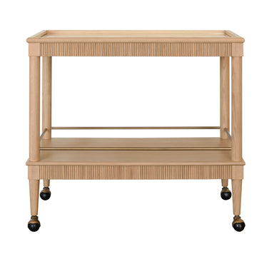 Beige serving cart with two shelves on a white background
