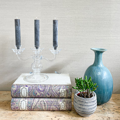 glass candelabra with dark candles, vase and potted plant