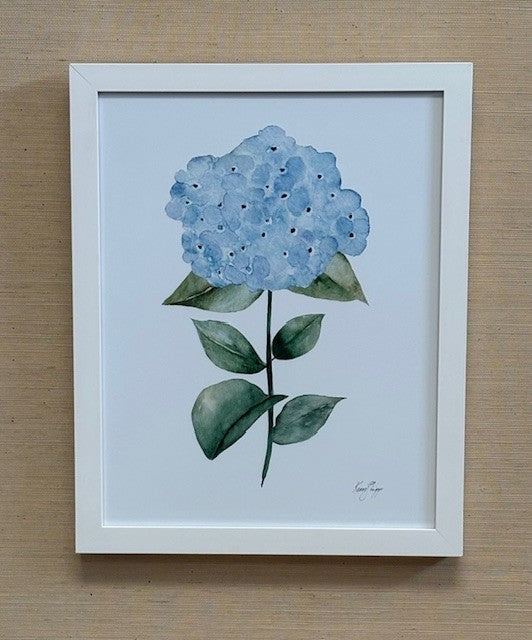 white framed blue hydrangea bloom art