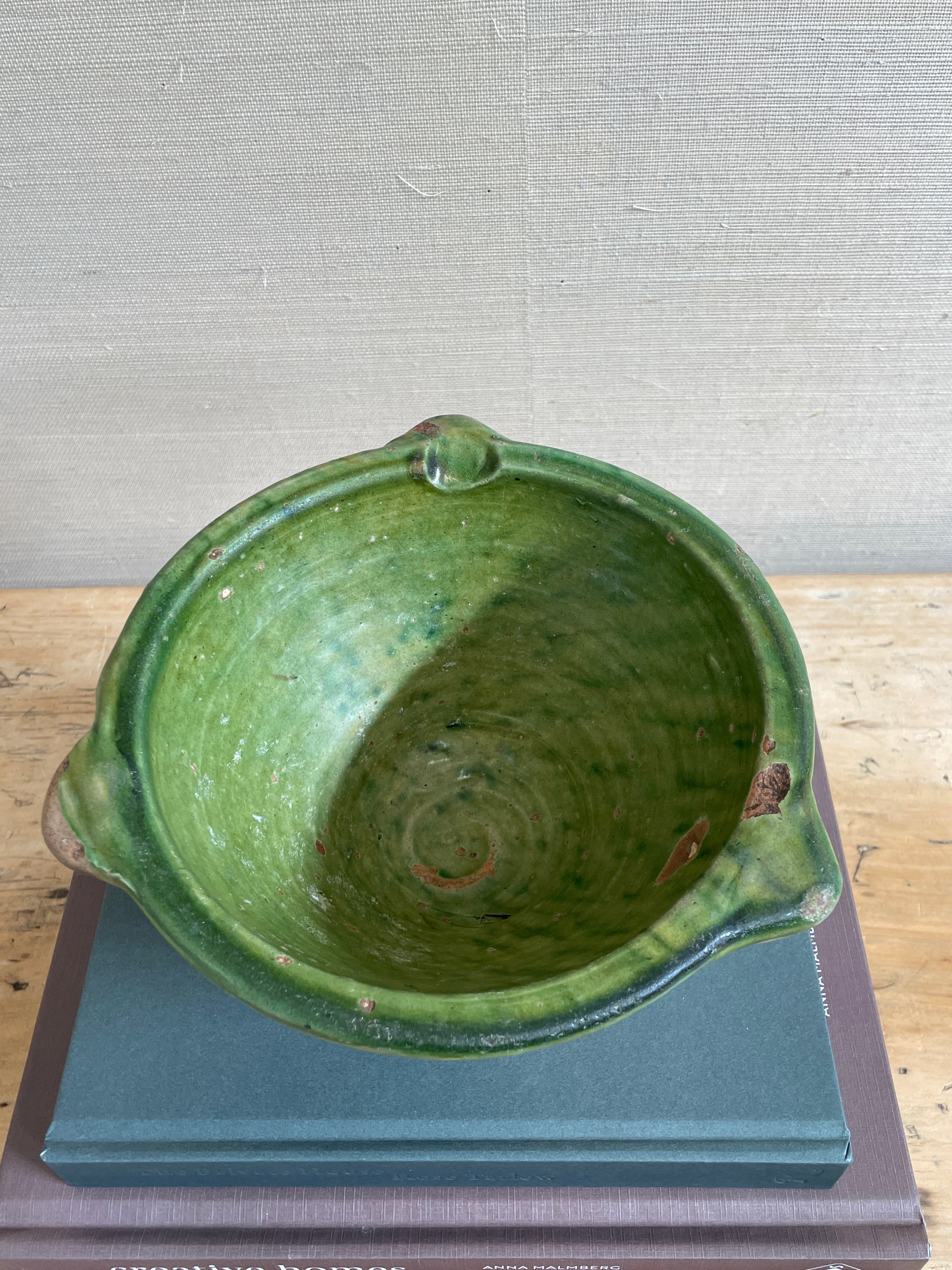 top view of green glazed pot