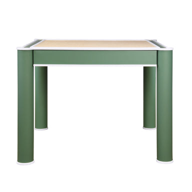 Green table with a light wooden top on a white background