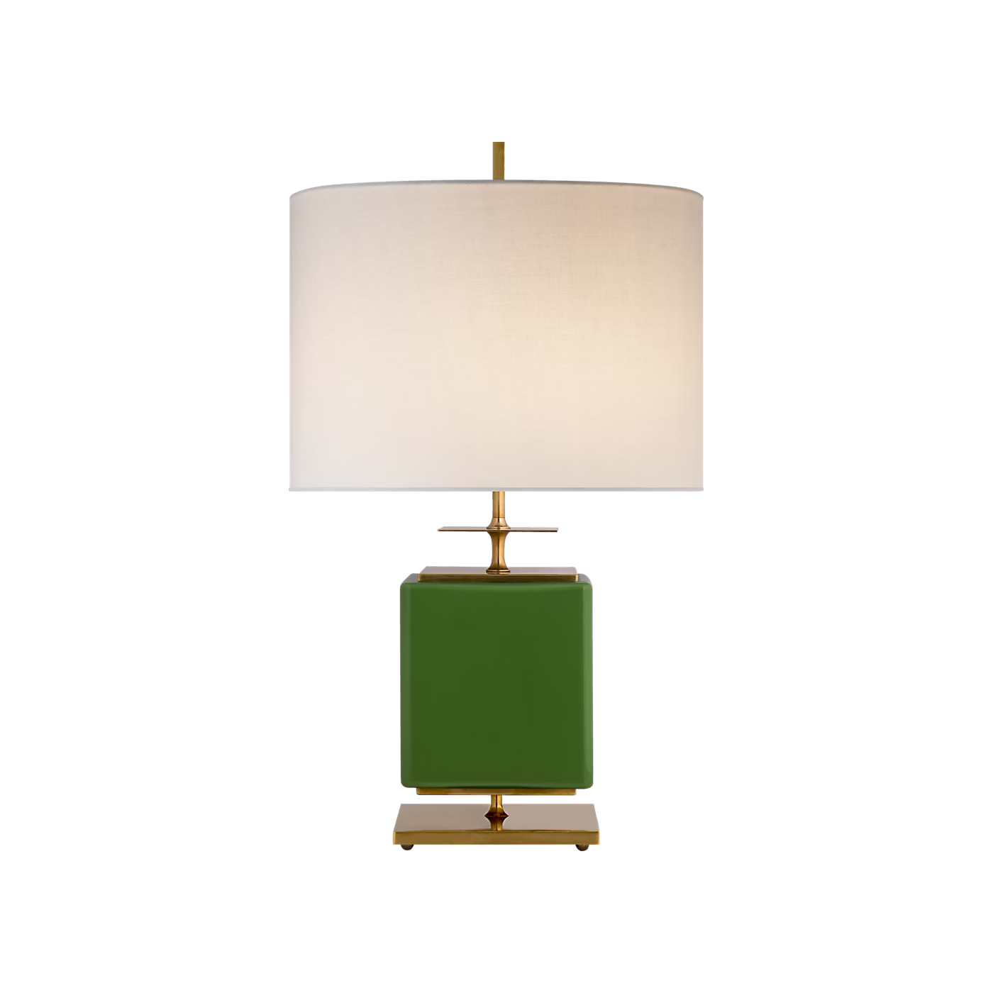 A table lamp with a square green base, a warm brass-toned metal stem and feet, and a large cylindrical off-white fabric drum shade, shown against a plain white background.