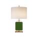 A table lamp with a square green base, a warm brass-toned metal stem and feet, and a large cylindrical off-white fabric drum shade, shown against a plain white background.