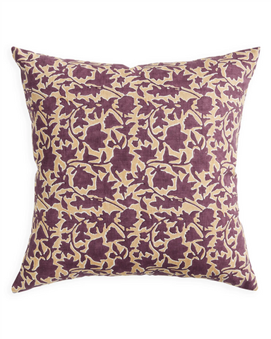 A square throw pillow featuring an intricate floral and vine pattern in deep purple and beige, set against a plain white background.