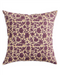 A square throw pillow featuring an intricate floral and vine pattern in deep purple and beige, set against a plain white background.