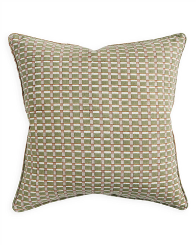 Sage green and cream checkered pillow on a white background
