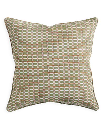 Sage green and cream checkered pillow on a white background